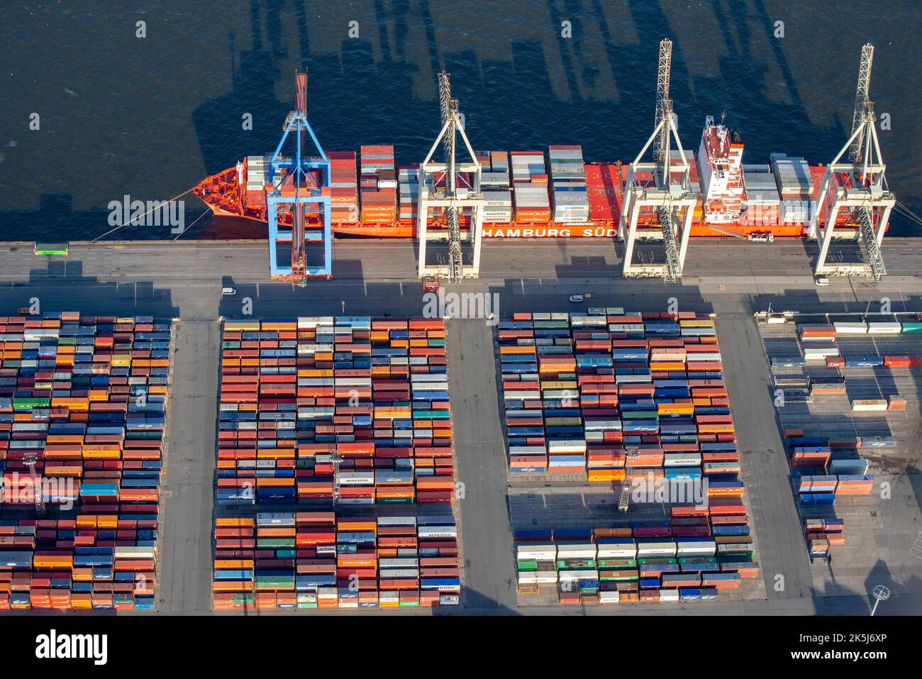 Aerial view of the container ship of the shipping company Hamburg Sued ...