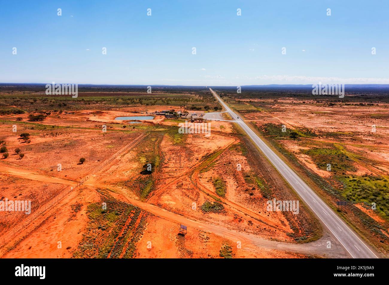 Roadhouse at Little Topar on A32 Barrier highway near Broken Hill silver mining city of Australian outback - aerial landscape. Stock Photo