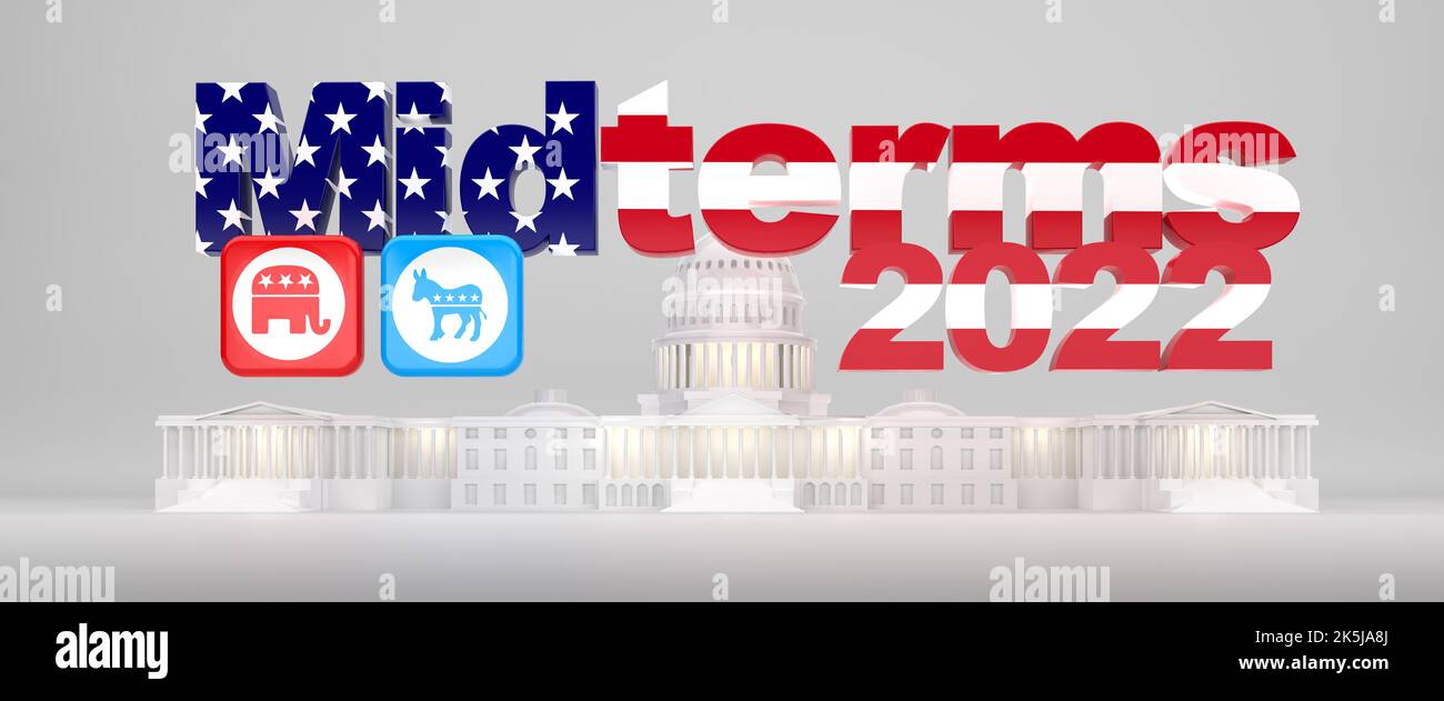 Midterm elections in 2022 concept. The text Midterms colored in the US flag stars and stripes in front of an illuminated model of the capitol building Stock Photo