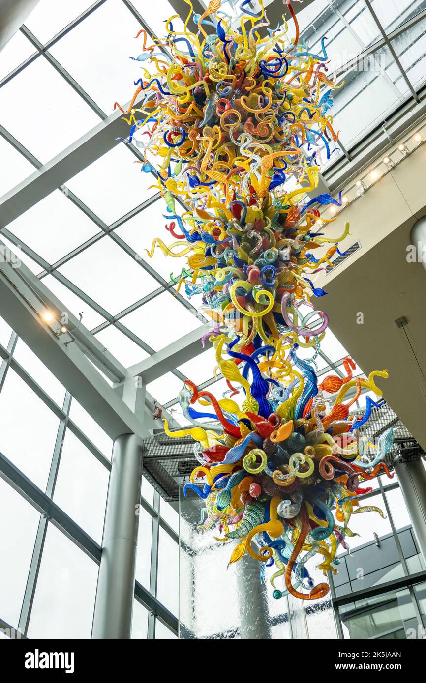 A Chihuly Glass Sculpture hangs in the lobby of Lincoln Square Mall in Bellevue, Washington, a suburb of Seattle. Stock Photo