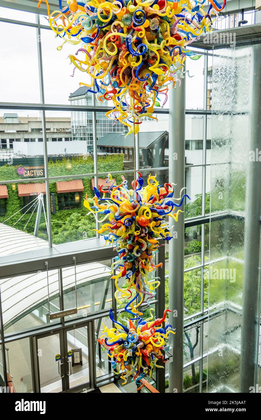 A Chihuly Glass Sculpture hangs in the lobby of Lincoln Square Mall in Bellevue, Washington, a suburb of Seattle. Stock Photo