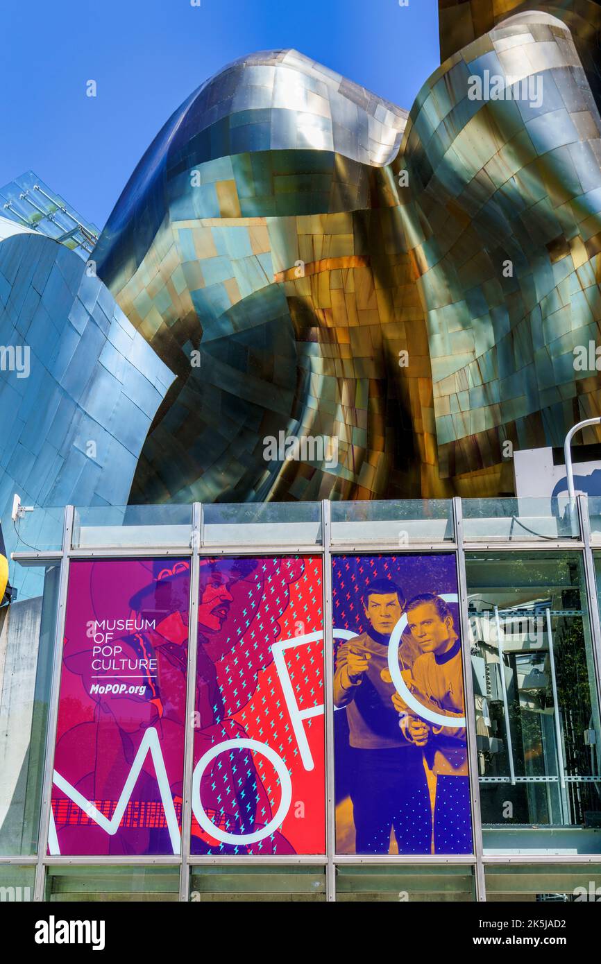 The Museum of Pop Culture, Mopop, features Star Trek banners in its entrance windows in Seattle, Washington. Stock Photo