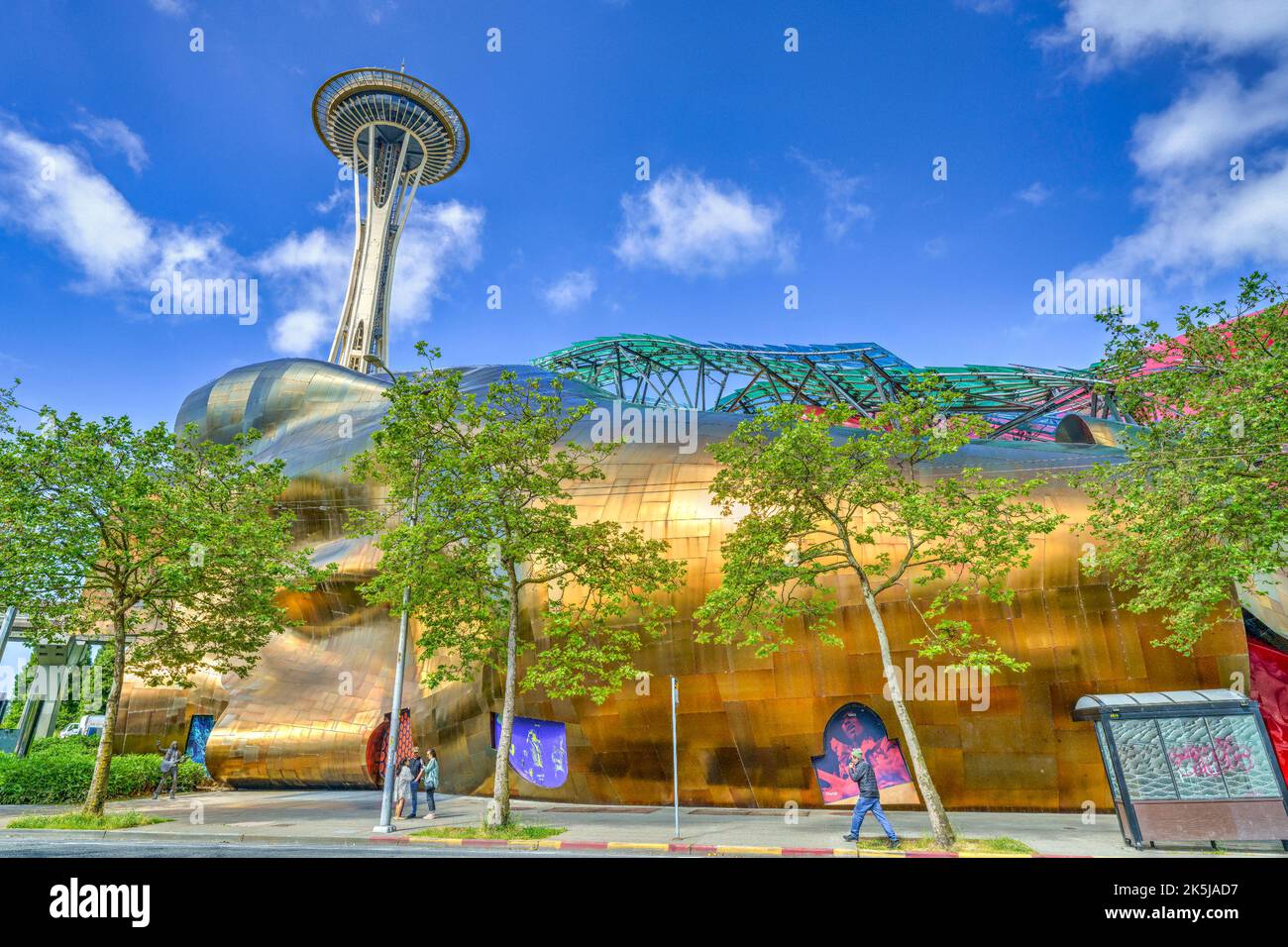 The Museum of Pop Culture with Space Needle behind in Seattle, Washington. Stock Photo