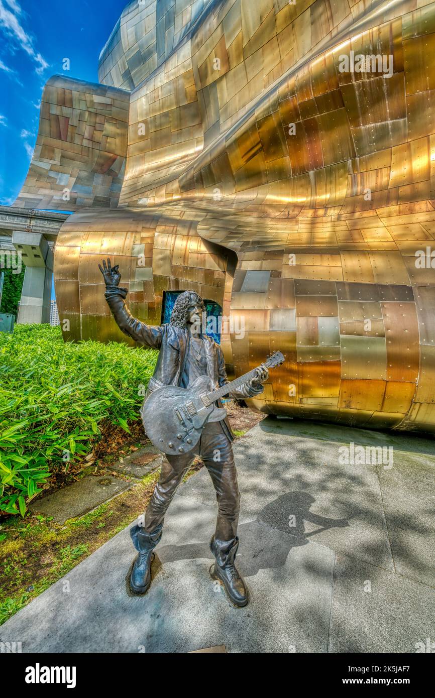Statue of Grunge Movement vocalist and rhythm guitarist, Chris Cornell, in front of The Museum of Pop Culture n Seattle, Washington. Stock Photo