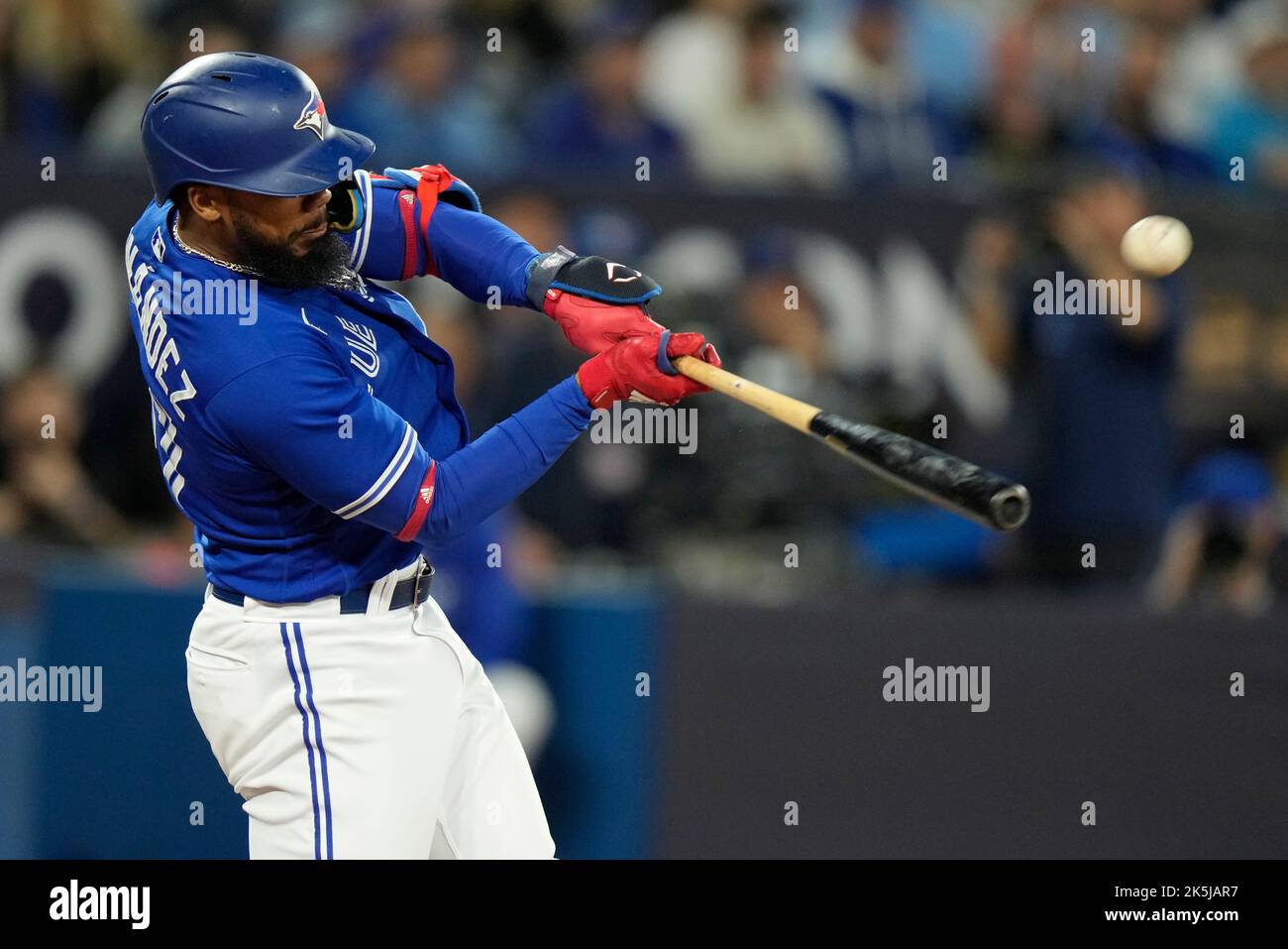 Seattle Mariners' Teoscar Hernandez hits an RBI single off Cleveland  Guardians relief pitcher Nick Sandlin during the 12th inning of a baseball  game, Sunday, April 9, 2023, in Cleveland. (AP Photo/Ron Schwane