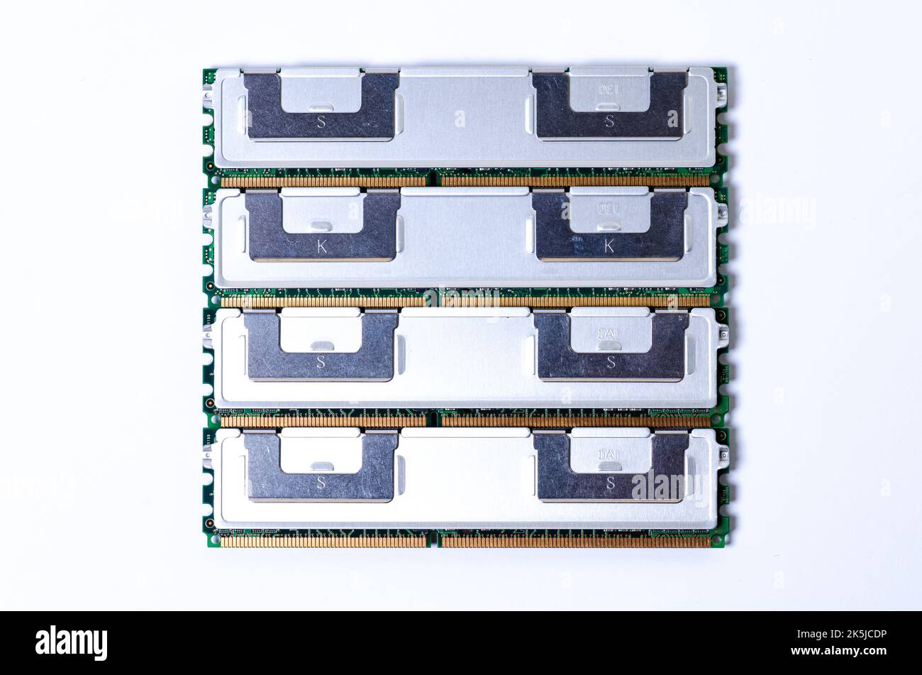 Computer memory card Close up memory socket on board computer server RAM on white background . system, main memory, random access memory, onboard, com Stock Photo