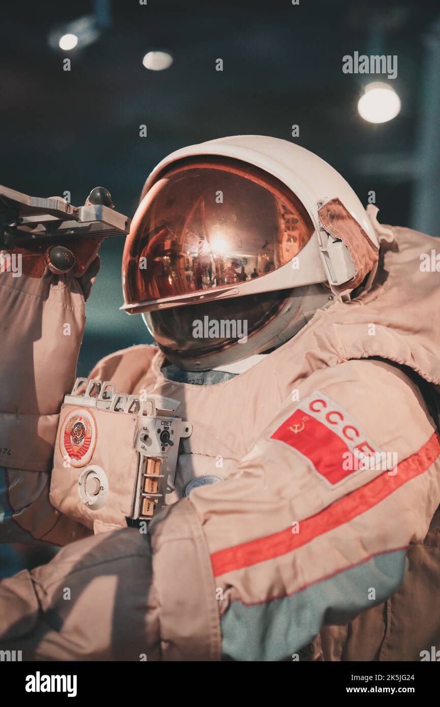 Cosmonaut space suit used in the Soviet Space Program, on display at the Museum of Cosmonautics, Moscow, Russia Stock Photo
