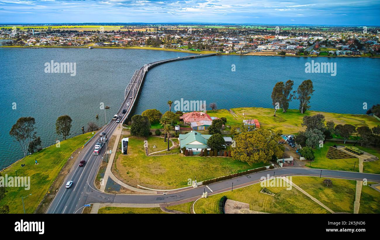 Aerial view of the road bridge crossing Lake Mulwala looking to