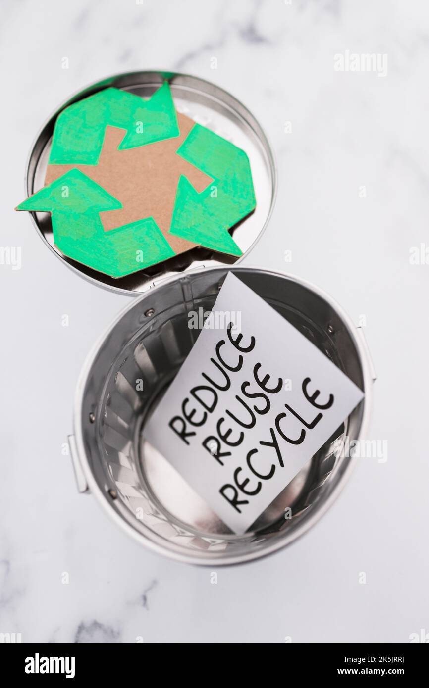 reduce reuse recycle sign with mini trash can and recycle icon, concept