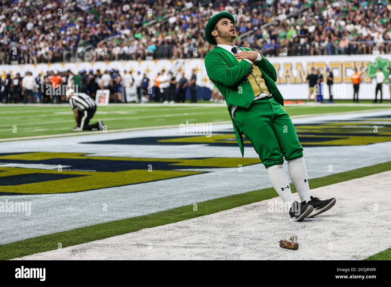 Las Vegas, NV, USA. 8th Oct, 2022. Notre Dame Fighting Irish mascot in action during the first half of the college football game featuring the Brigham Young Cougars and the Notre Dame Fighting Irish at Allegiant Stadium in Las Vegas, NV. Christopher Trim/CSM/Alamy Live News Stock Photo