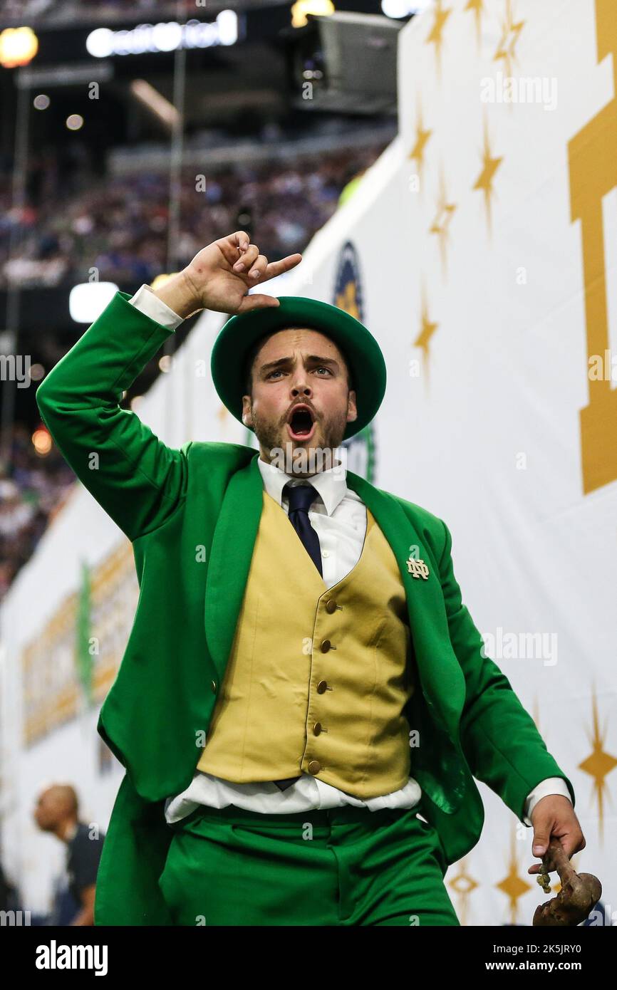 Las Vegas, NV, USA. 8th Oct, 2022. Notre Dame Fighting Irish mascot in action during the first half of the college football game featuring the Brigham Young Cougars and the Notre Dame Fighting Irish at Allegiant Stadium in Las Vegas, NV. Christopher Trim/CSM/Alamy Live News Stock Photo