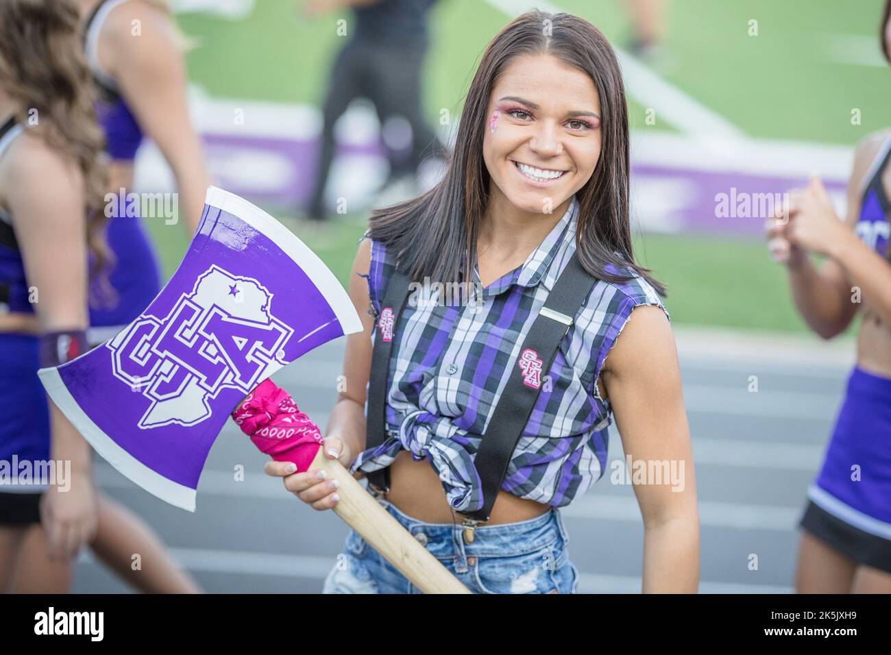 October 8, 2022: A Stephen F. Austin cheerleader leads a cheer during the NCAA football game between the Abilene Christian Wildcats and the Stephen F. Austin Lumberjacks at Homer Bryce Stadium in Nacogdoches, Texas. Prentice C. James/CSM Stock Photo