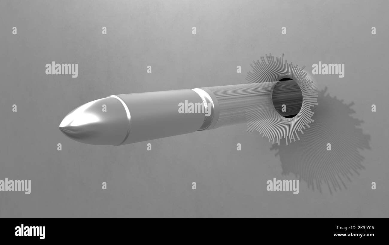 rendered 3D grayscale scene of a bullet piercing through a surface ...