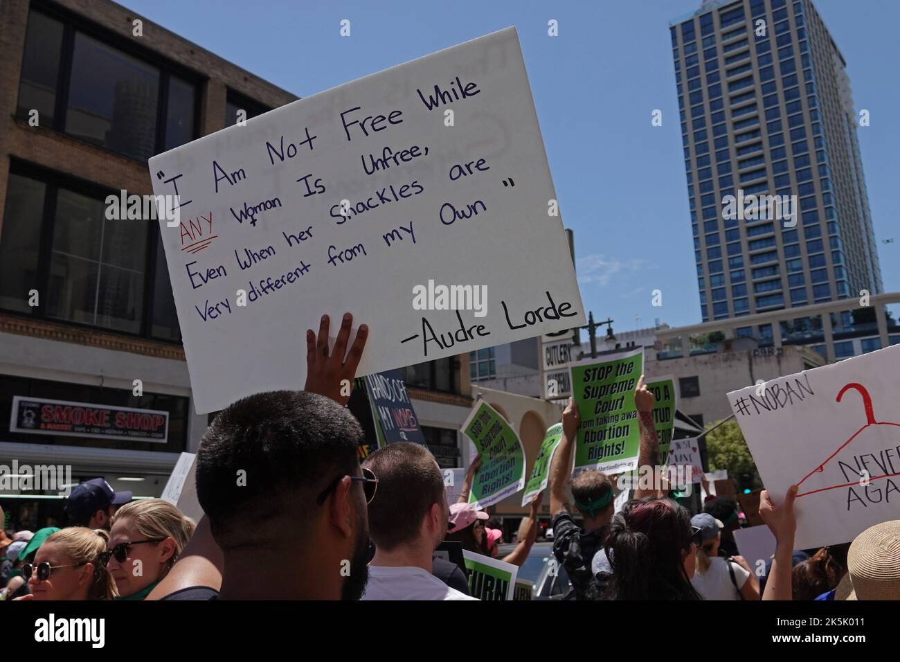 Los Angeles, CA / USA - May 14, 2022: Demonstrators in support of womens reproductive rights assemble and hold signs in downtown L.A. Stock Photo