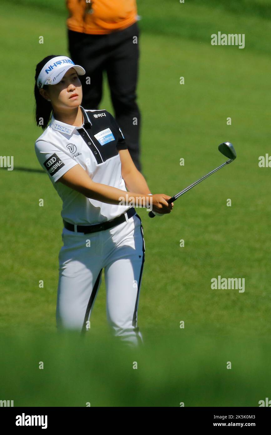Aug 27, 2022-Chuncheon, South Korea-Park Min Ji action on the 1th hall during an Hanhwa Classic 2022 Round 3 at Jade Palace Golf Club in Chuncheon, South Korea. Stock Photo