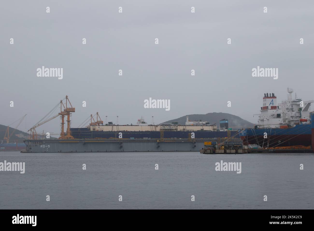 Sep 5, 2022-Busan, South Korea-A Building Ships moved safe port at DSME in Geoje, South Korea. Super Typhoon Hinnamnor has gradually moved northward to reach waters off the southern island of Jeju on Monday, the state weather agency said, as South Korea braces for what could be the most powerful storm ever to hit the country. Stock Photo