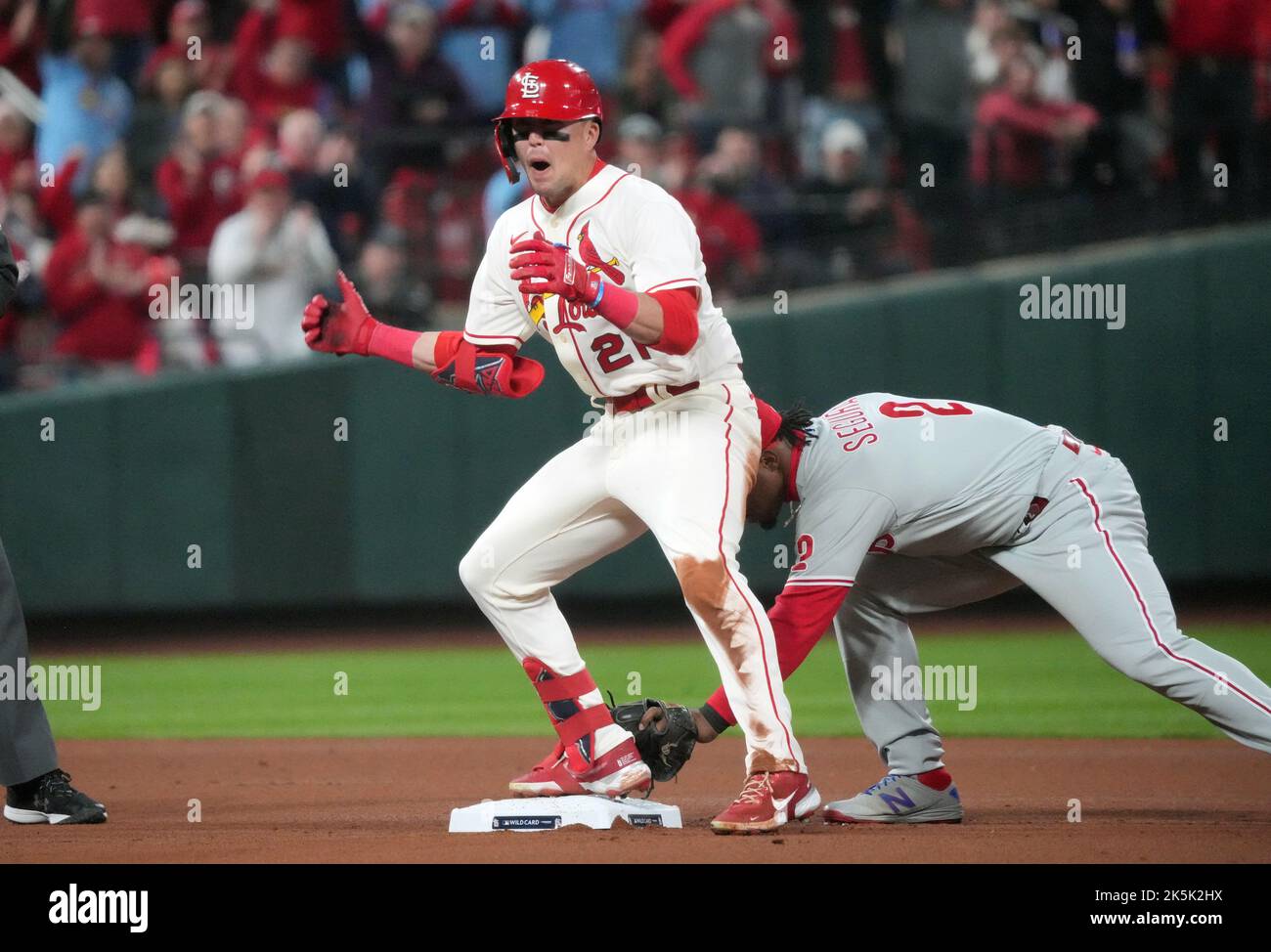 St. Louis, United States. 25th Aug, 2021. St. Louis Cardinals Lars Nootbaar  (L) and teammate Harrison Bader celebrate after Nootbar hit a game winning  single with bases loaded in the tenth inning