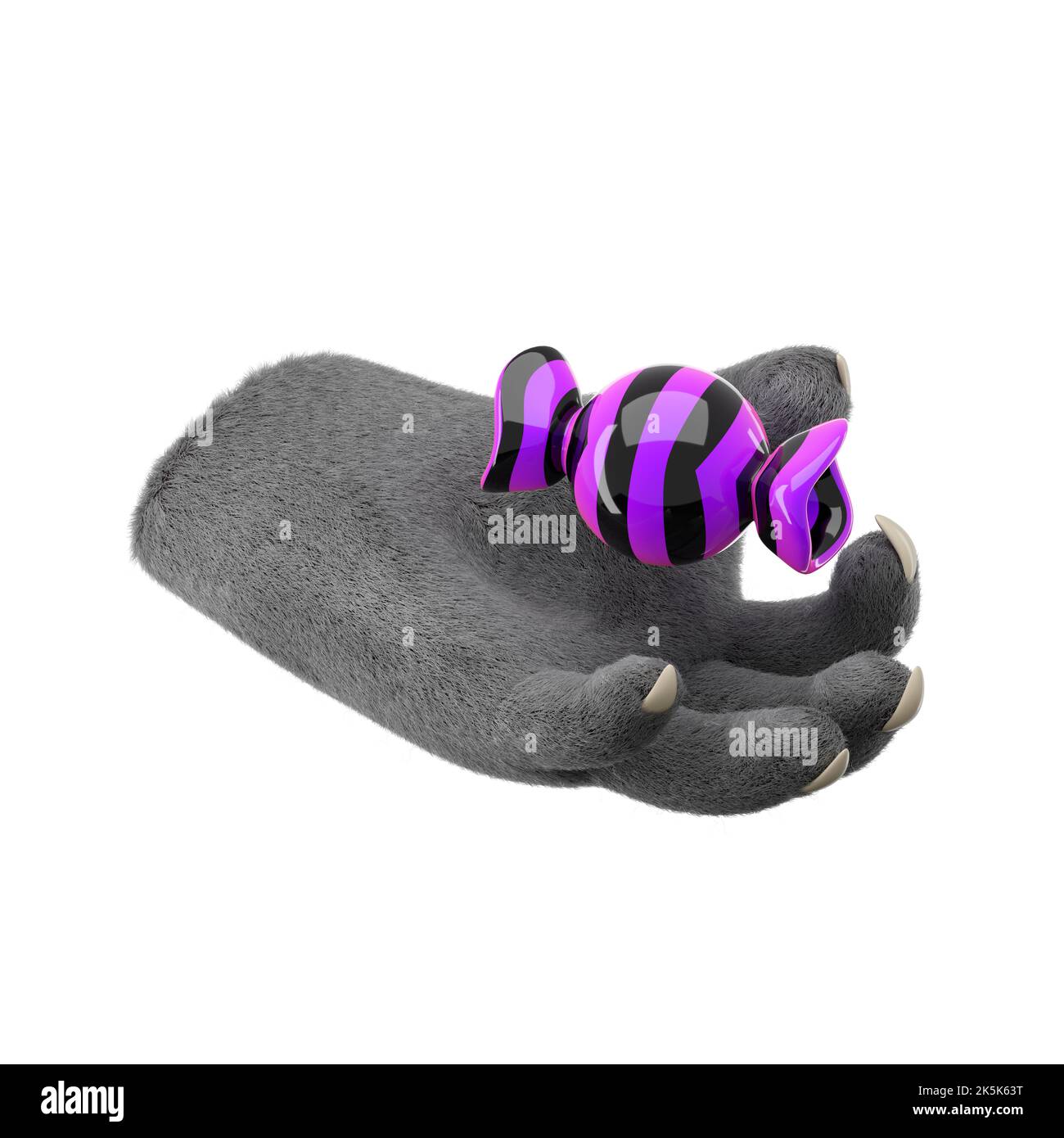 3d furry wolf hands holding candy in plastic cartoon style. Werewolf