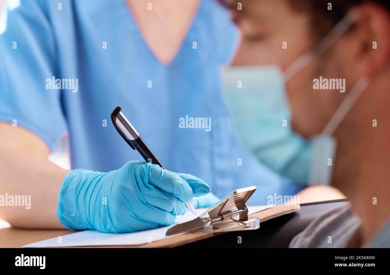 Checklist, covid face mask of patient in doctor consultation for