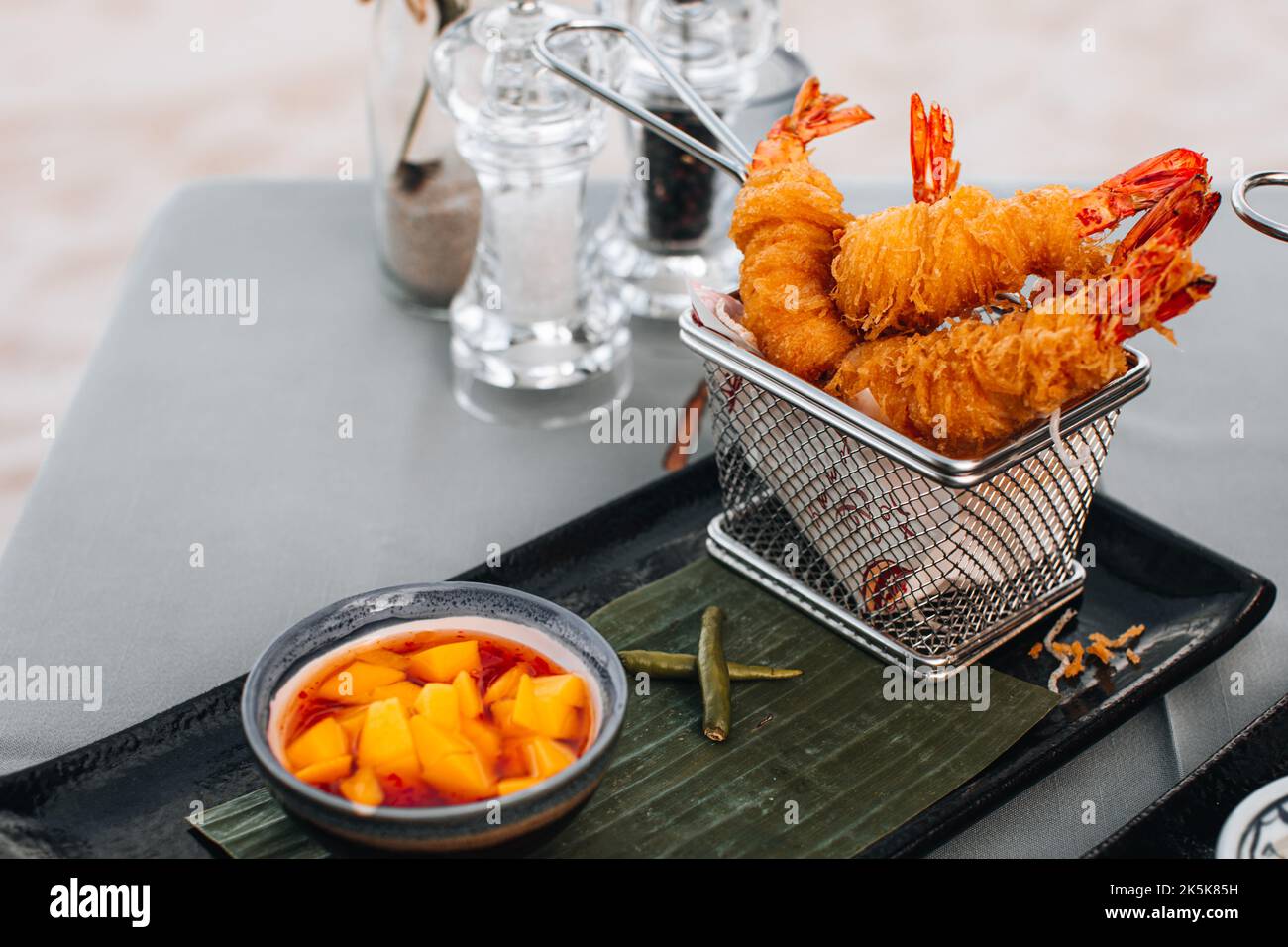 Thai baked shrimp breaded with spicy mango sauce Stock Photo Alamy
