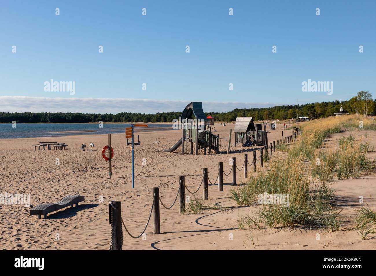 Playground equipment and rope fence on Yyteri Beach in Pori, Finland Stock Photo