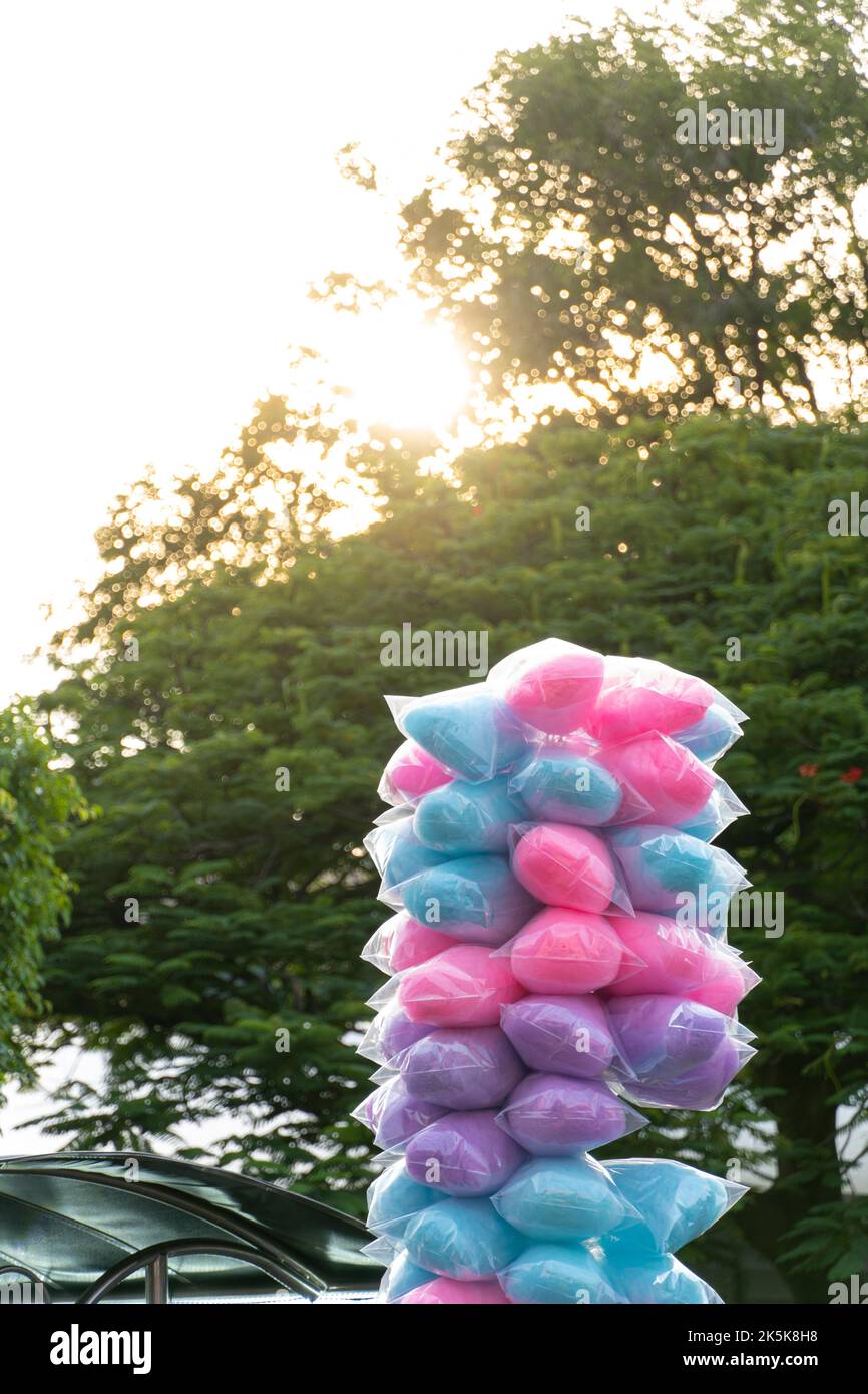 column of cotton candy, very sweet and colorful, mexican candy sold in the streets Stock Photo