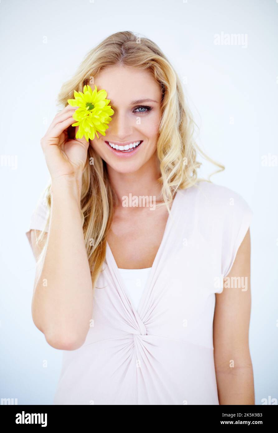 blonde smiling girl falls in love.woman expressing her tender, warm feeling,  girl thanking her boyfriend for a gift. I miss you. I love you Stock Photo  - Alamy