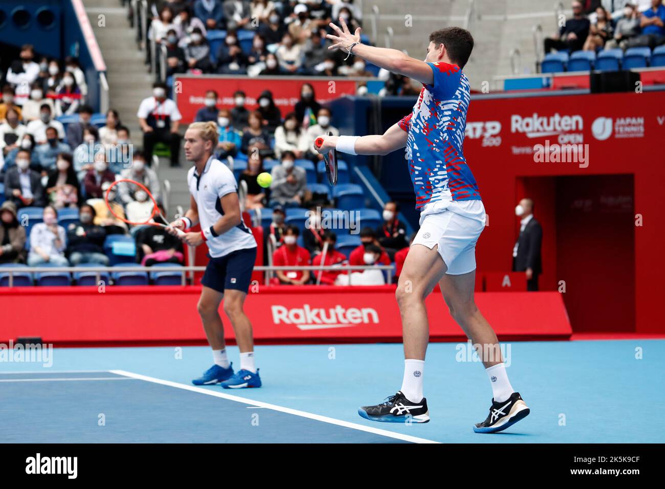 Tokyo, Japan. 9th Oct, 2022. (L to R) Rafael MATOS (BRA) and David VEGA HERNANDEZ (ESP) in action against Mackenzie MCDONALD (USA) and Marcelo MELO (BRA) during their Doubles Final match at the Rakuten Japan Open Tennis Championships 2022 at Ariake Coliseum. The tournament is held from October 1 to 9. (Credit Image: © Rodrigo Reyes Marin/ZUMA Press Wire) Credit: ZUMA Press, Inc./Alamy Live News Stock Photo