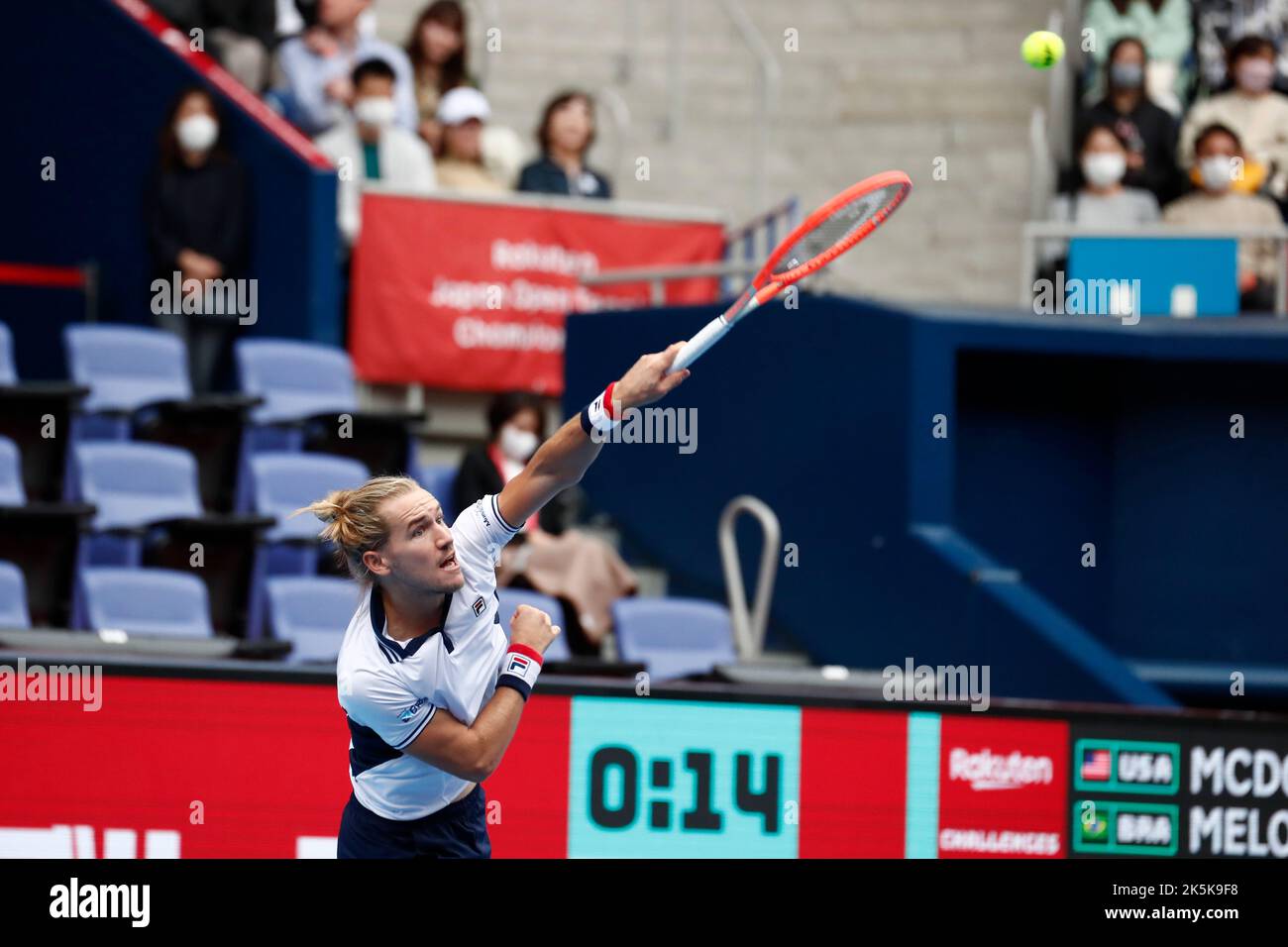 Tokyo, Japan. 9th Oct, 2022. Rafael MATOS (BRA) serves against Mackenzie MCDONALD (USA) and Marcelo MELO (BRA) during their Doubles Final match at the Rakuten Japan Open Tennis Championships 2022 at Ariake Coliseum. The tournament is held from October 1 to 9. (Credit Image: © Rodrigo Reyes Marin/ZUMA Press Wire) Credit: ZUMA Press, Inc./Alamy Live News Stock Photo