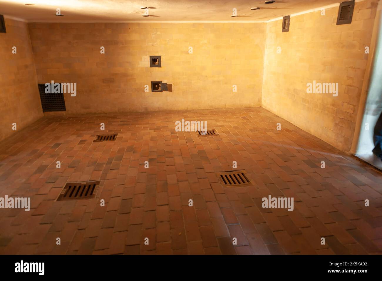 Dachau, Germany - July 4, 2011 : Dachau Concentration Camp Memorial Site. Nazi concentration camp from 1933 to 1945. Gas chamber disguised as shower r Stock Photo