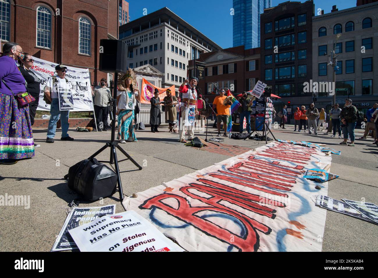 Oct 8, 2022, Boston, MA, USA: Indigenous Peoples Day.  More than 100 Indigenous people and allies rallied then marched through Boston on Saturday to support Indigenous Peoples Day replacing the U.S. national holiday of Columbus Day on the 2cd Monday in October. Stock Photo