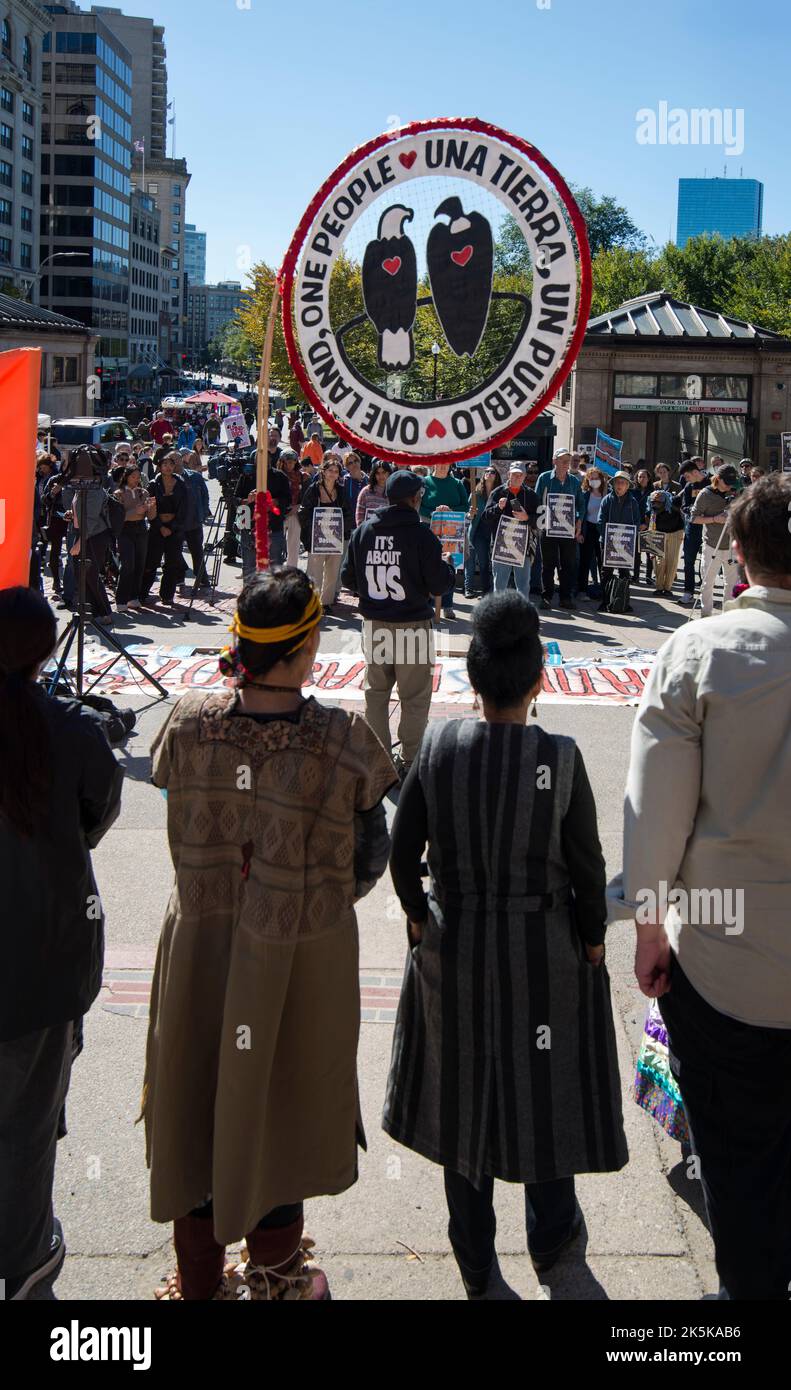 Oct 8, 2022, Boston, MA, USA: Indigenous Peoples Day.  More than 100 Indigenous people and allies rallied and marched through Boston on Saturday to support Indigenous Peoples Day replacing the U.S. national holiday of Columbus Day on the 2cd Monday in October. Stock Photo