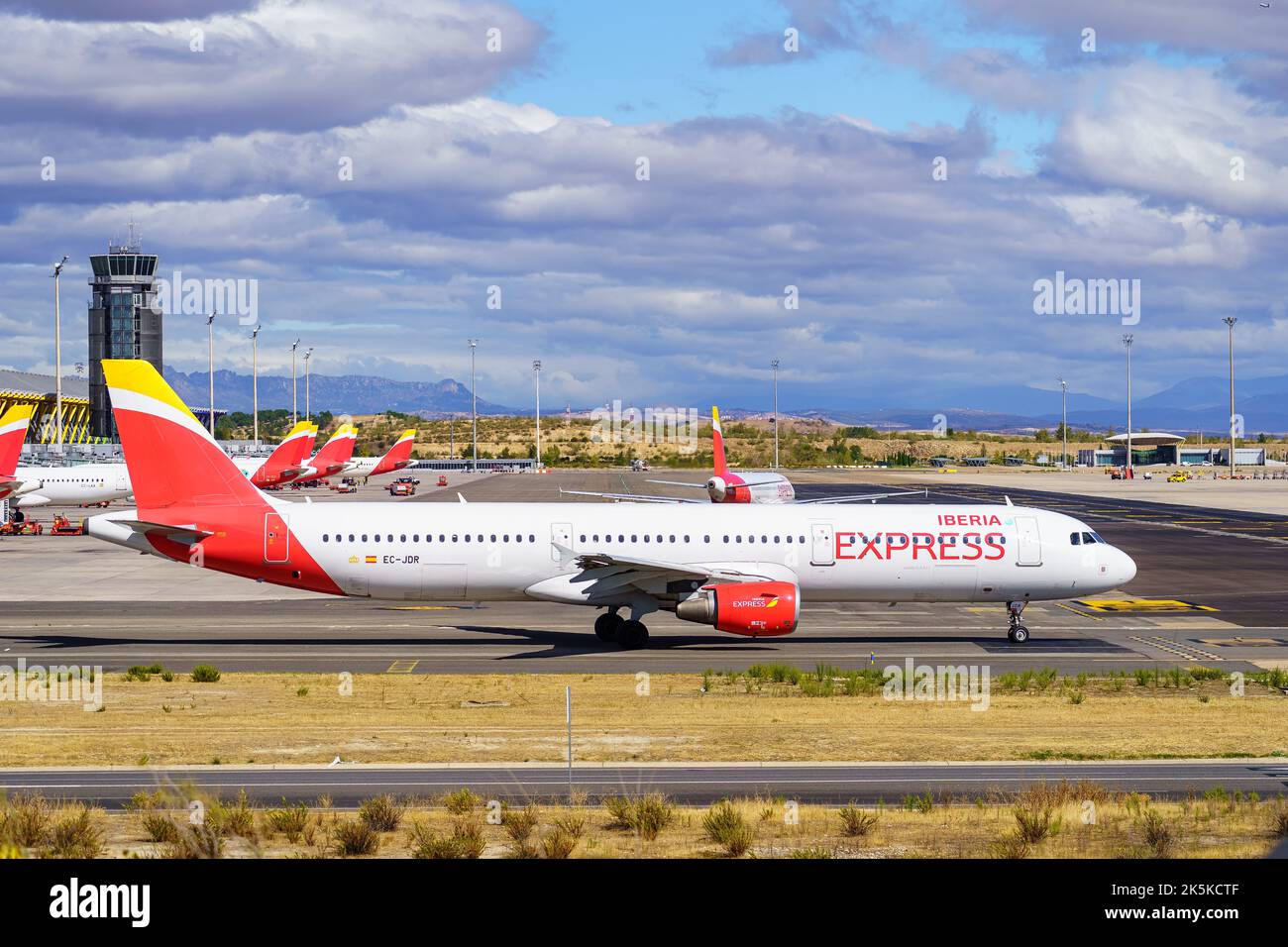 Madrid, Spain, October 30, 2022: Large Iberia plane circulating on the runways next to the international terminals at Barajas Madrid airport. Stock Photo