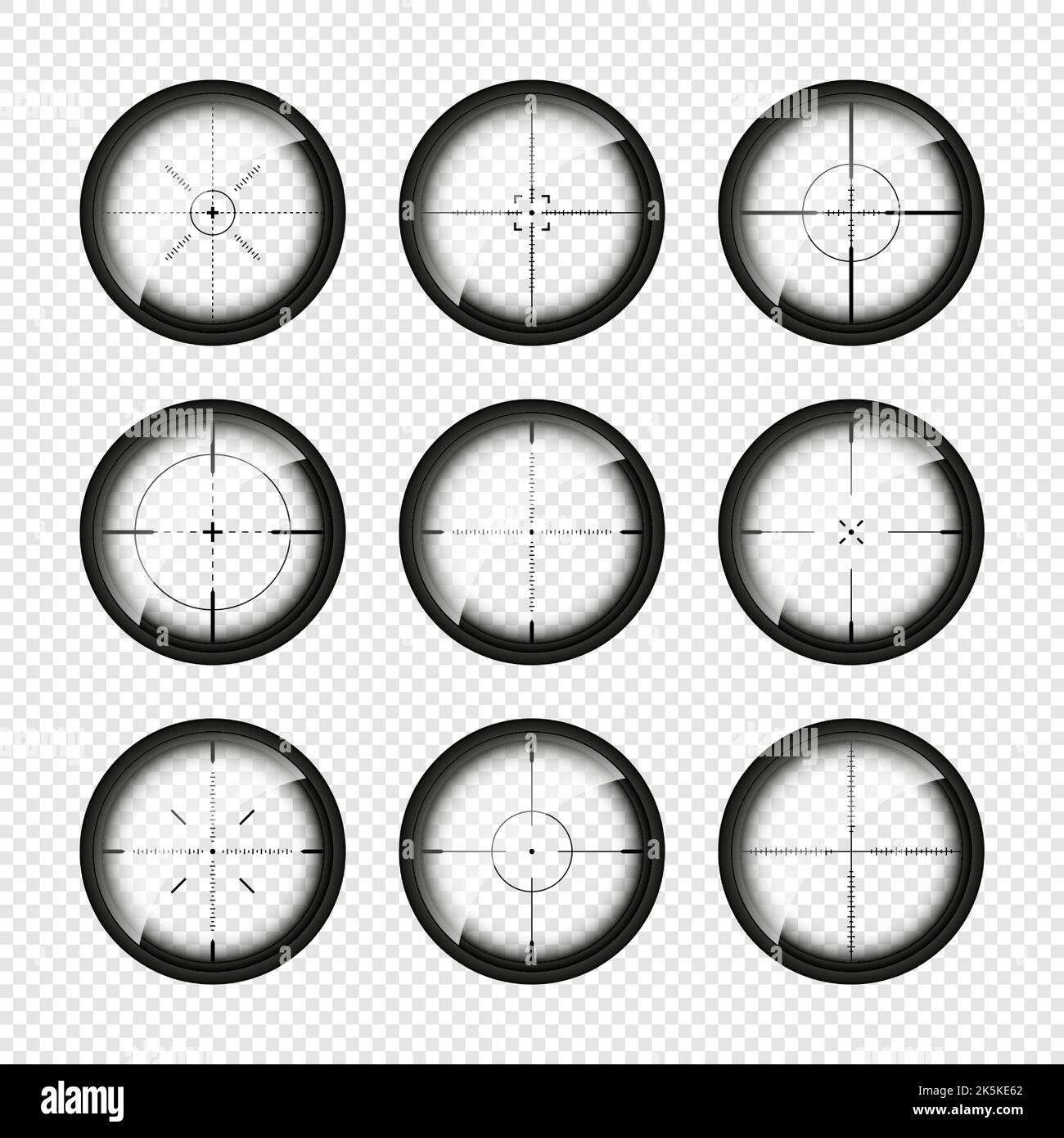Various weapon sights, sniper rifle optical scopes. Hunting gun