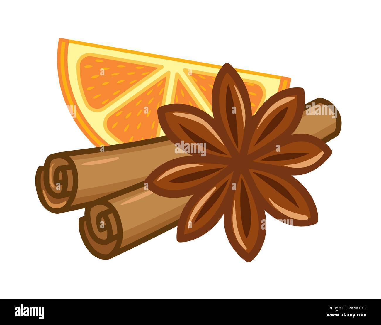 Vector illustration set of mulled wine spices ingredients. A slice of