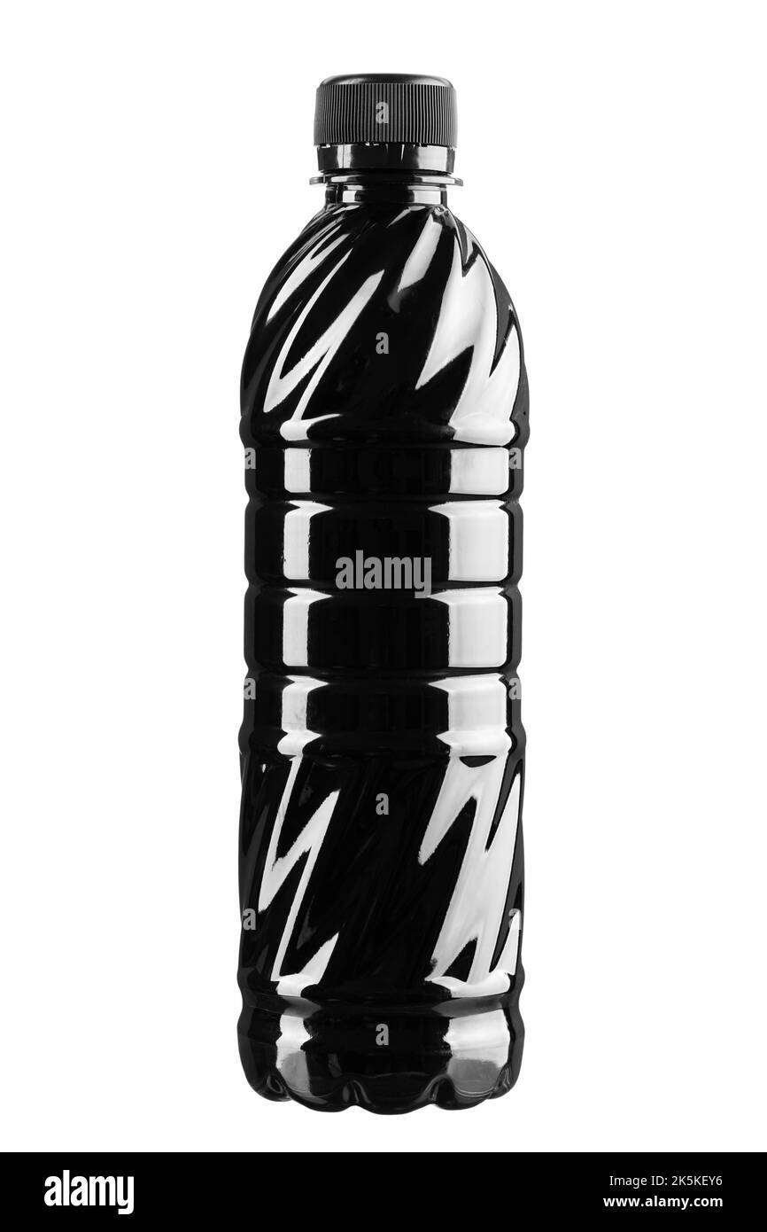 Close up of a plastic bottle black color isolated on white background. File contains clipping path. Stock Photo
