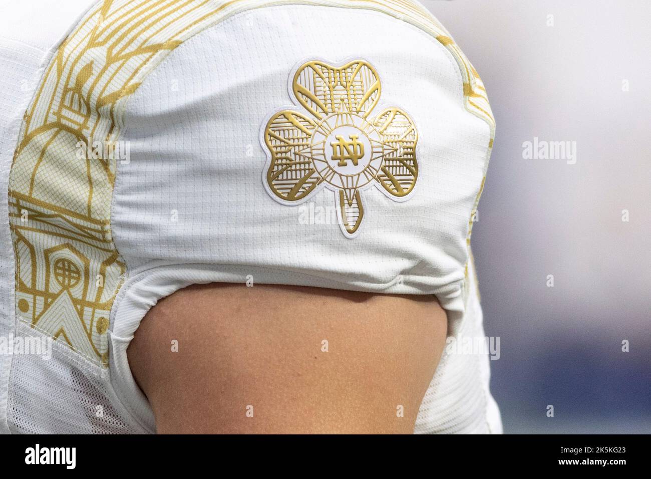 October 08, 2022: A detailed look at the Notre Dame Shamrock Series jersey  during NCAA football game action between the BYU Cougars and the Notre Dame  Fighting Irish at Allegiant Stadium in