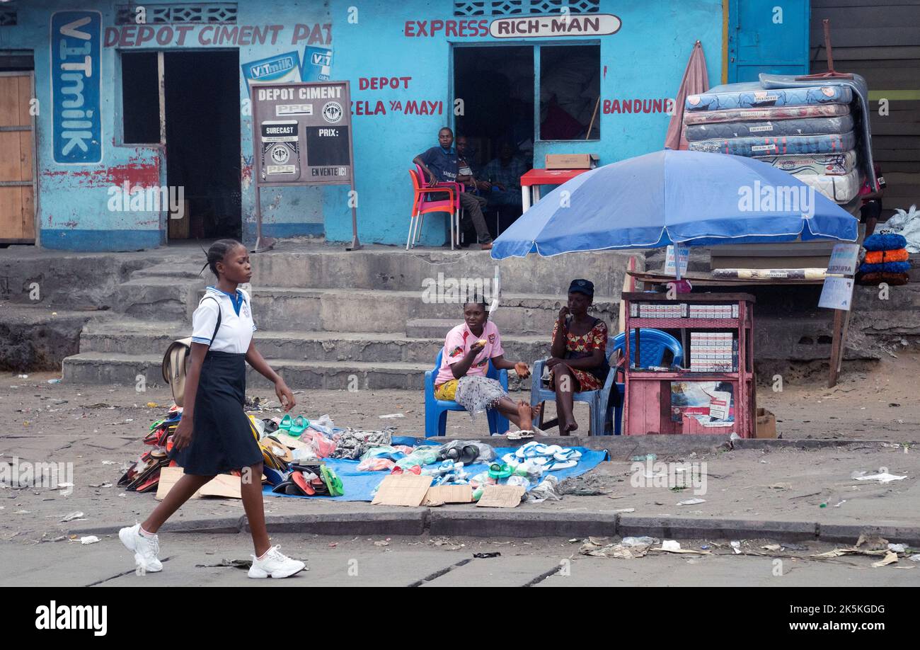 Daily life along the streets in the city centre of Kinshasa in the