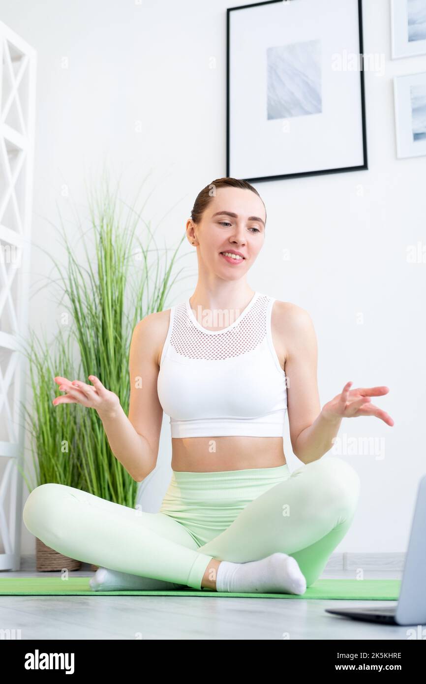 fitness coach workout class fit woman online yoga Stock Photo Alamy