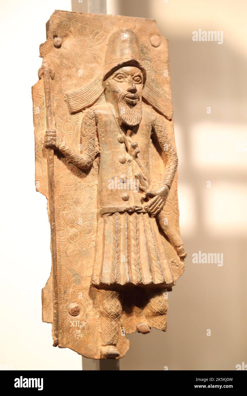 Benin Bronzes on display at the British Museum, brass plaques from the royal court palace of the Kingdom of Benin, 16-17th century, London, UK Stock Photo