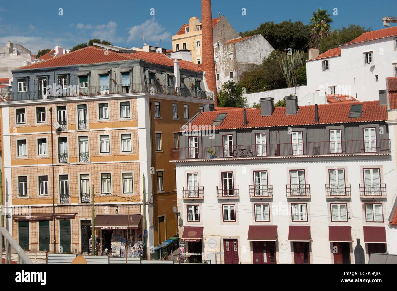 Traditional houses, Alfama, Lisbon, Portugal.  One house with traditional tiles. Stock Photo