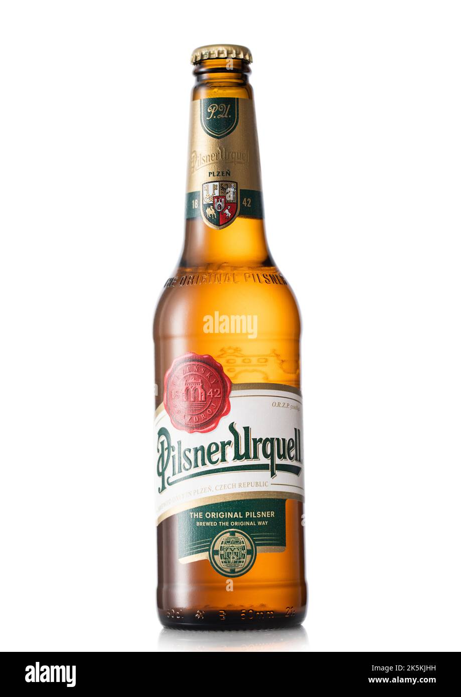 LONDON, UK - JULY 06, 2022: Bottle of Pilsner Urquell czech premium lager beer on white . Stock Photo