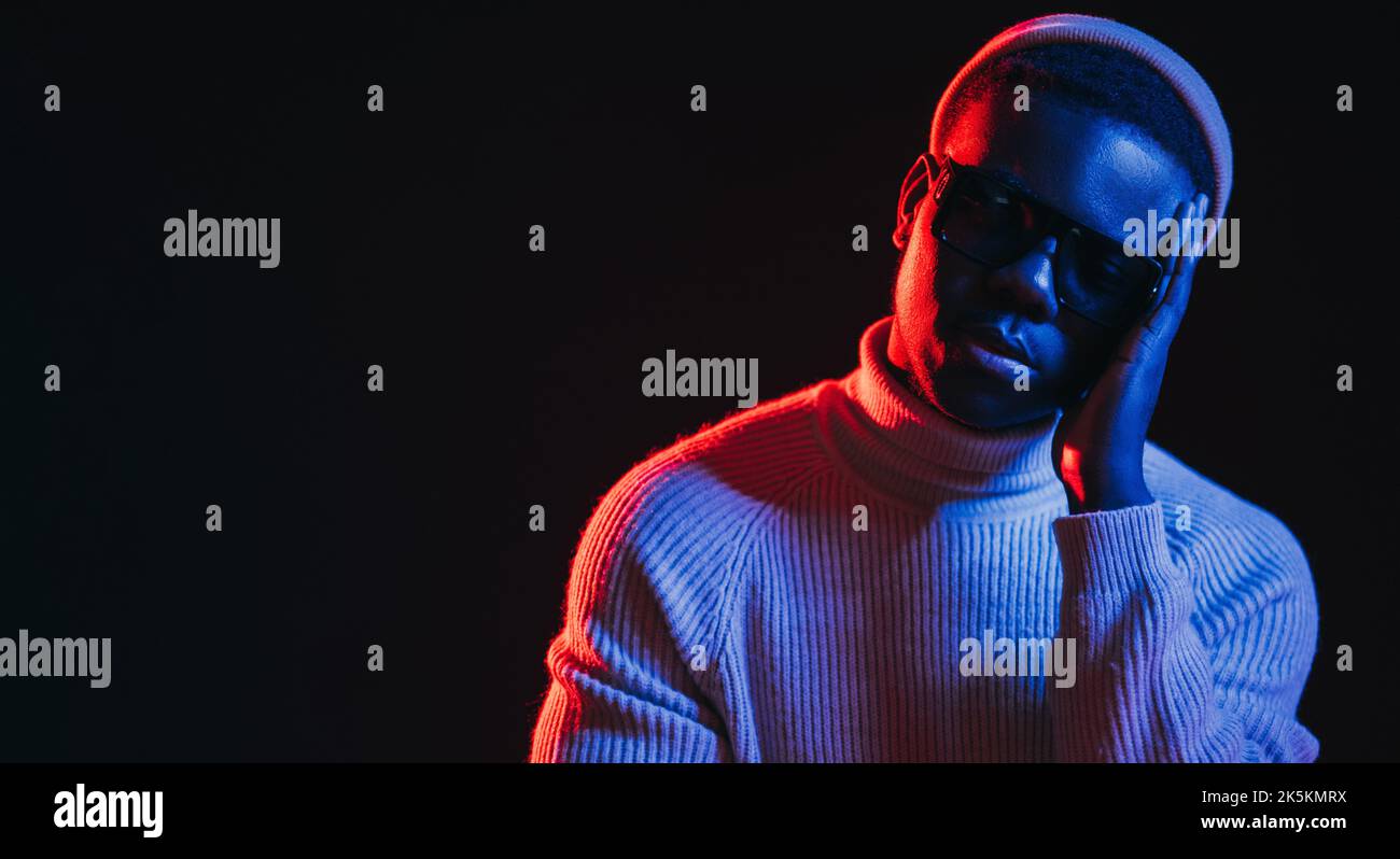 sad man support banner mental health neon light Stock Photo