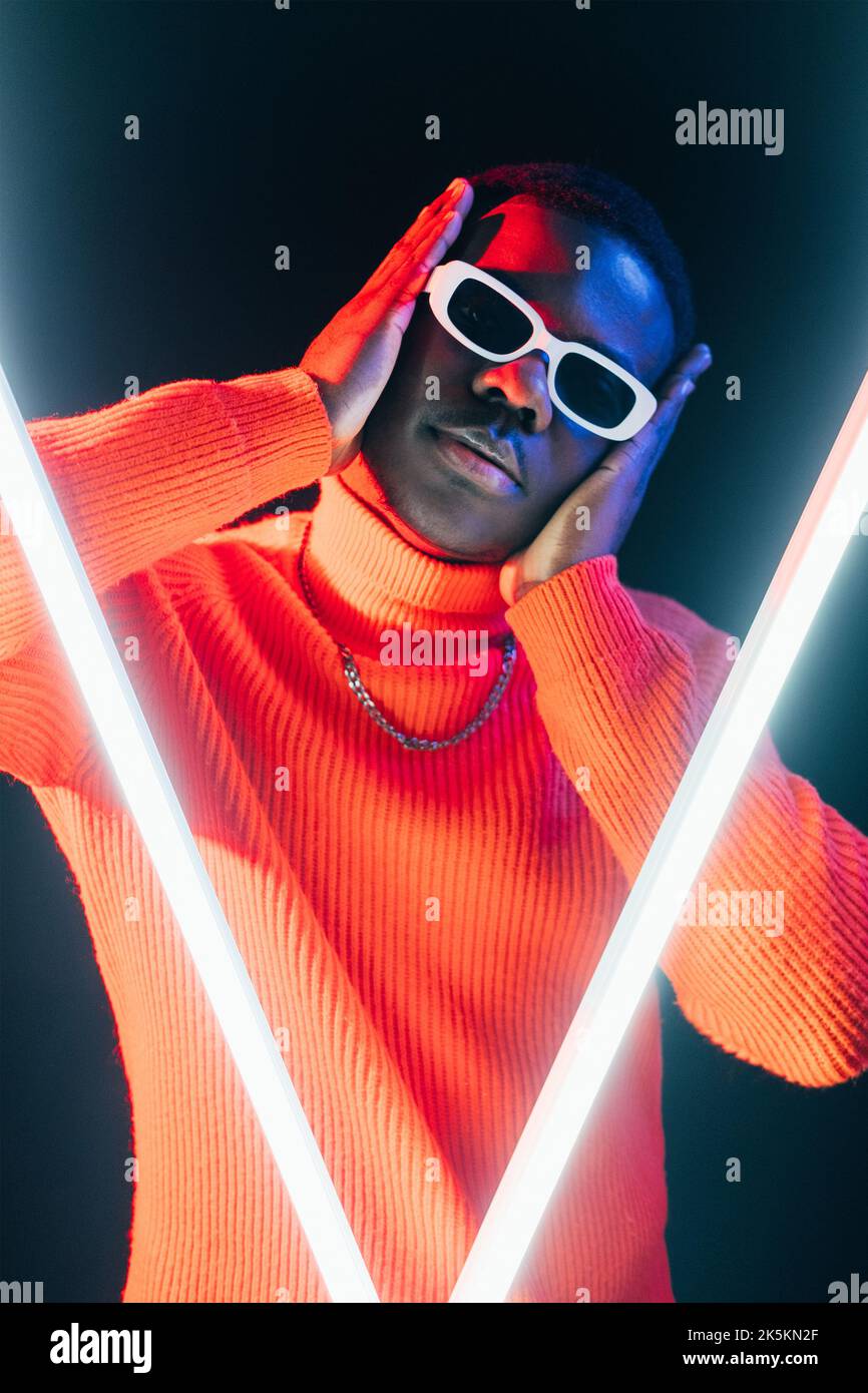 modern fashion vogue dance neon light cool man Stock Photo