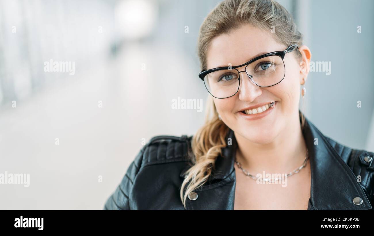 female confidence body positive happy obese face Stock Photo