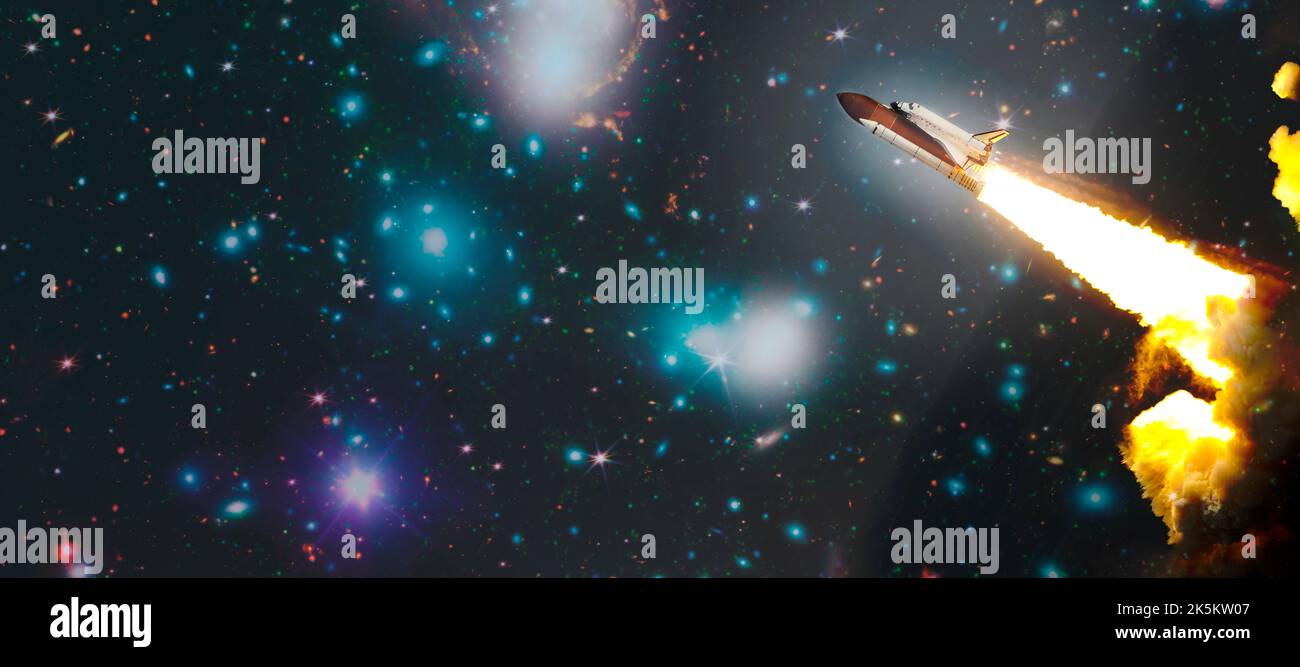 Shuttle launch in the clouds to outer space. Dark space with stars on ...