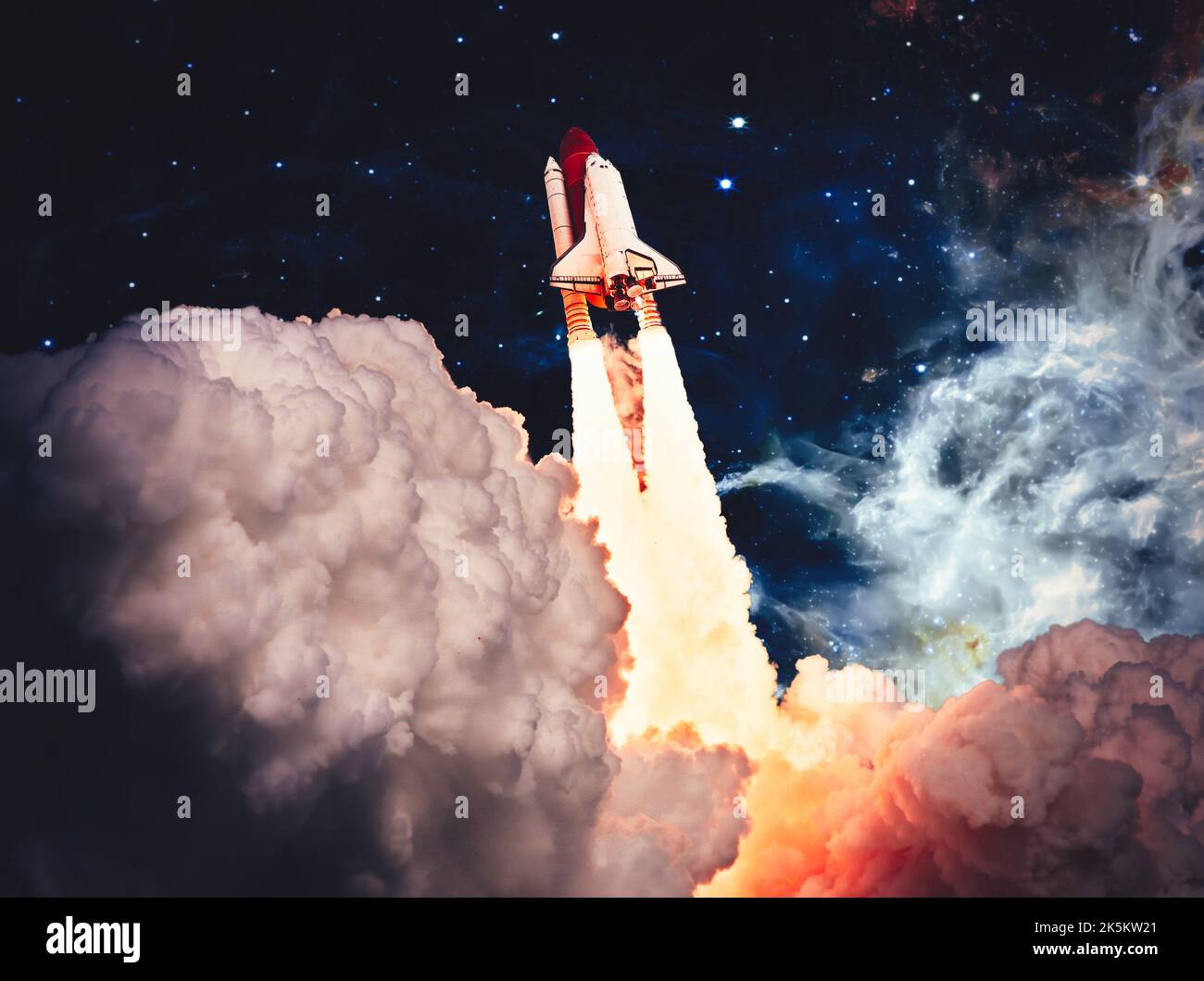 shuttle launch in the clouds to outer space. Dark space with stars on ...
