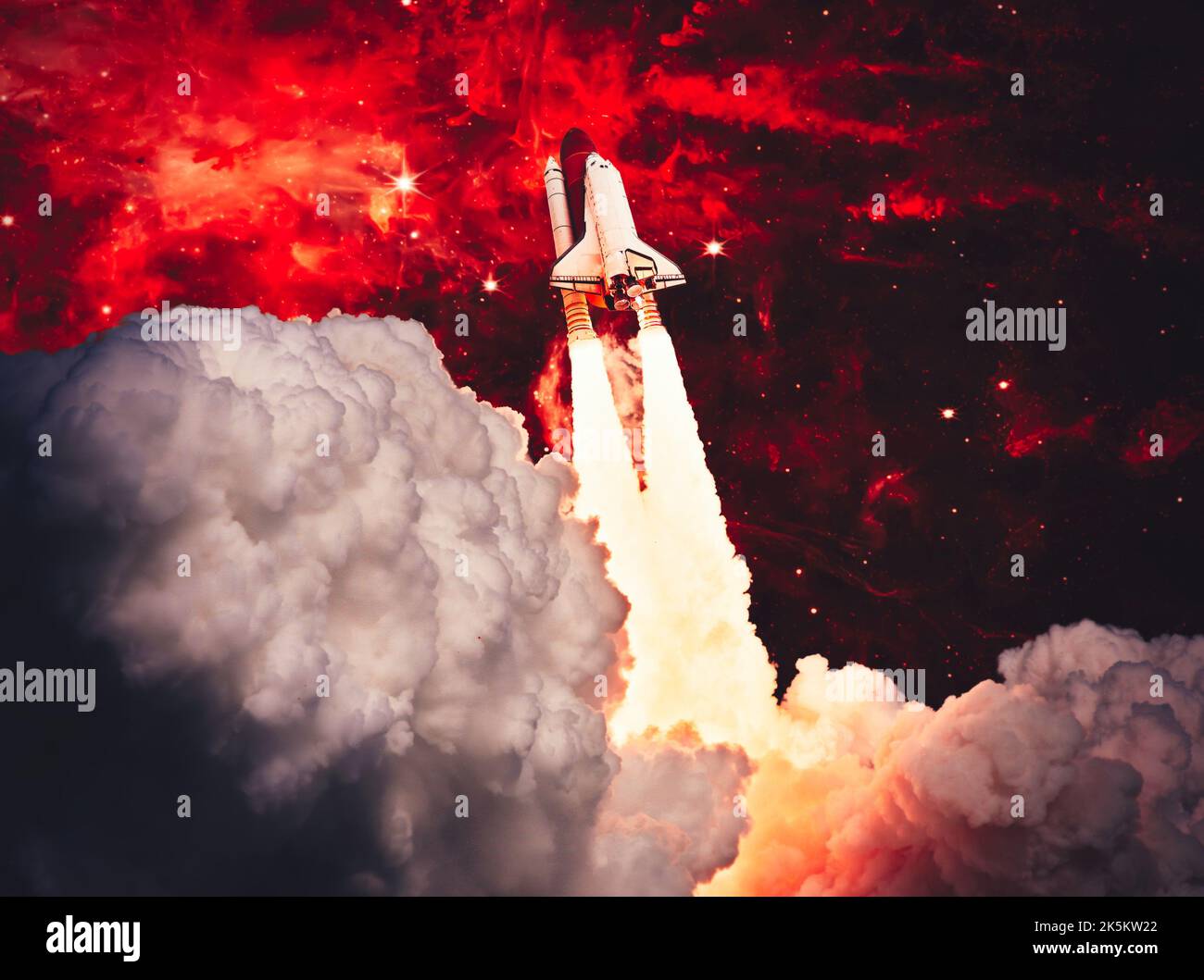 shuttle launch in the clouds to outer space. Dark space with stars on ...