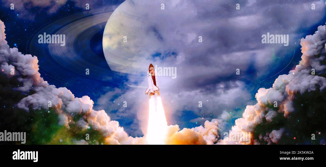 shuttle launch in the clouds to outer space. Dark space with stars on ...