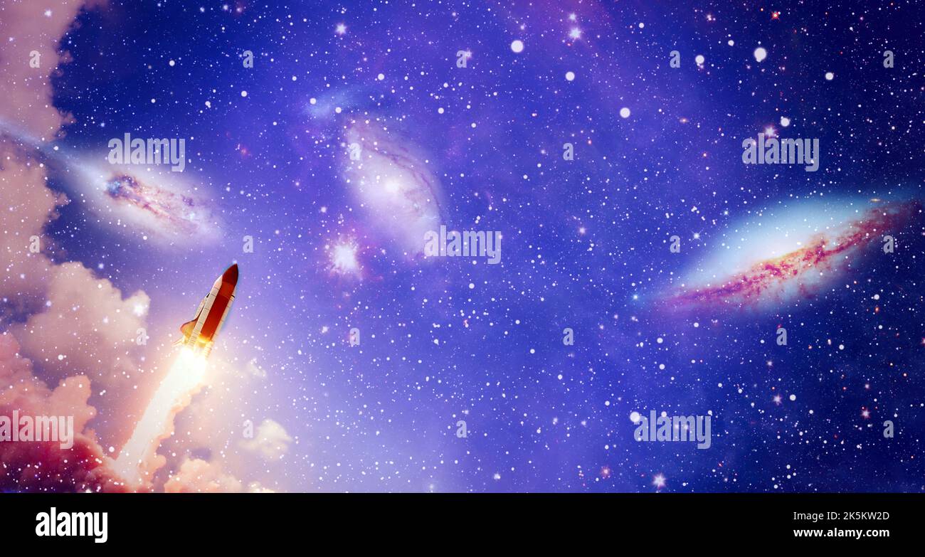 shuttle launch in the clouds to outer space. Dark space with stars on ...